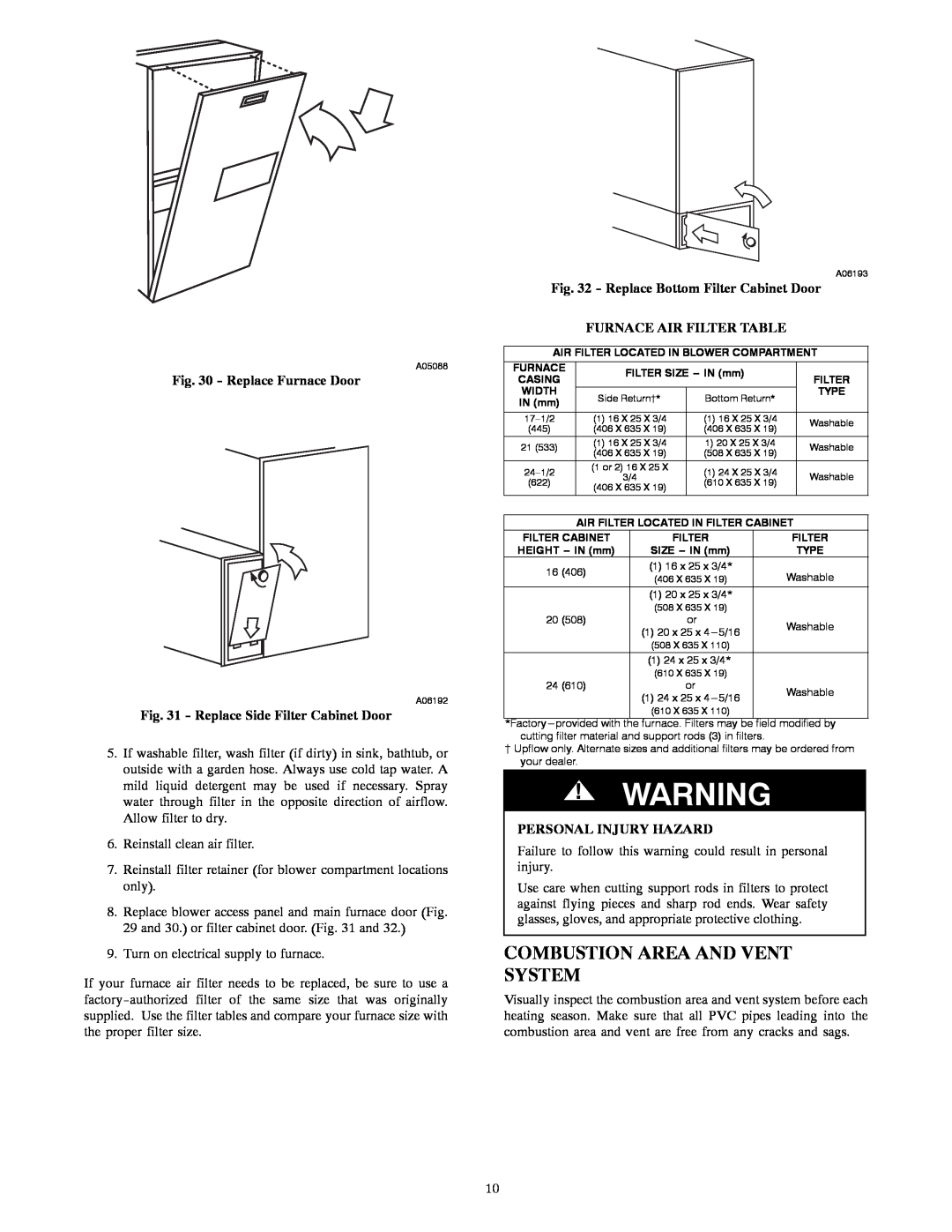 Bryant 355CAV owner manual Combustion Area And Vent System, Replace Furnace Door, Replace Side Filter Cabinet Door 