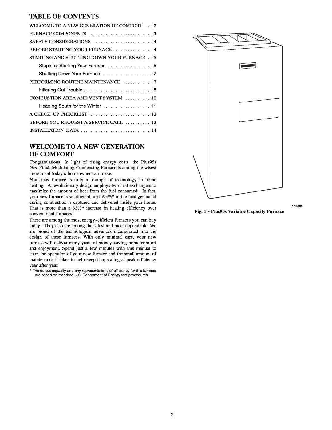 Bryant 355CAV owner manual Table Of Contents, Welcome To A New Generation Of Comfort, Plus95s Variable Capacity Furnace 