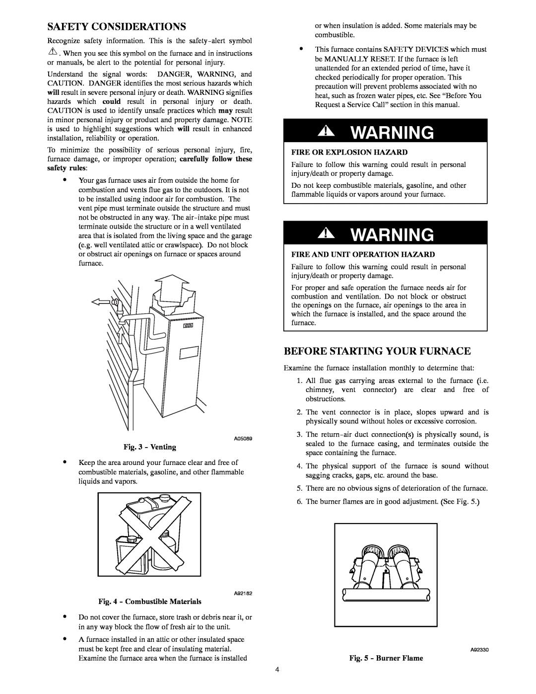 Bryant 355CAV Safety Considerations, Before Starting Your Furnace, Venting, Combustible Materials, Burner Flame 