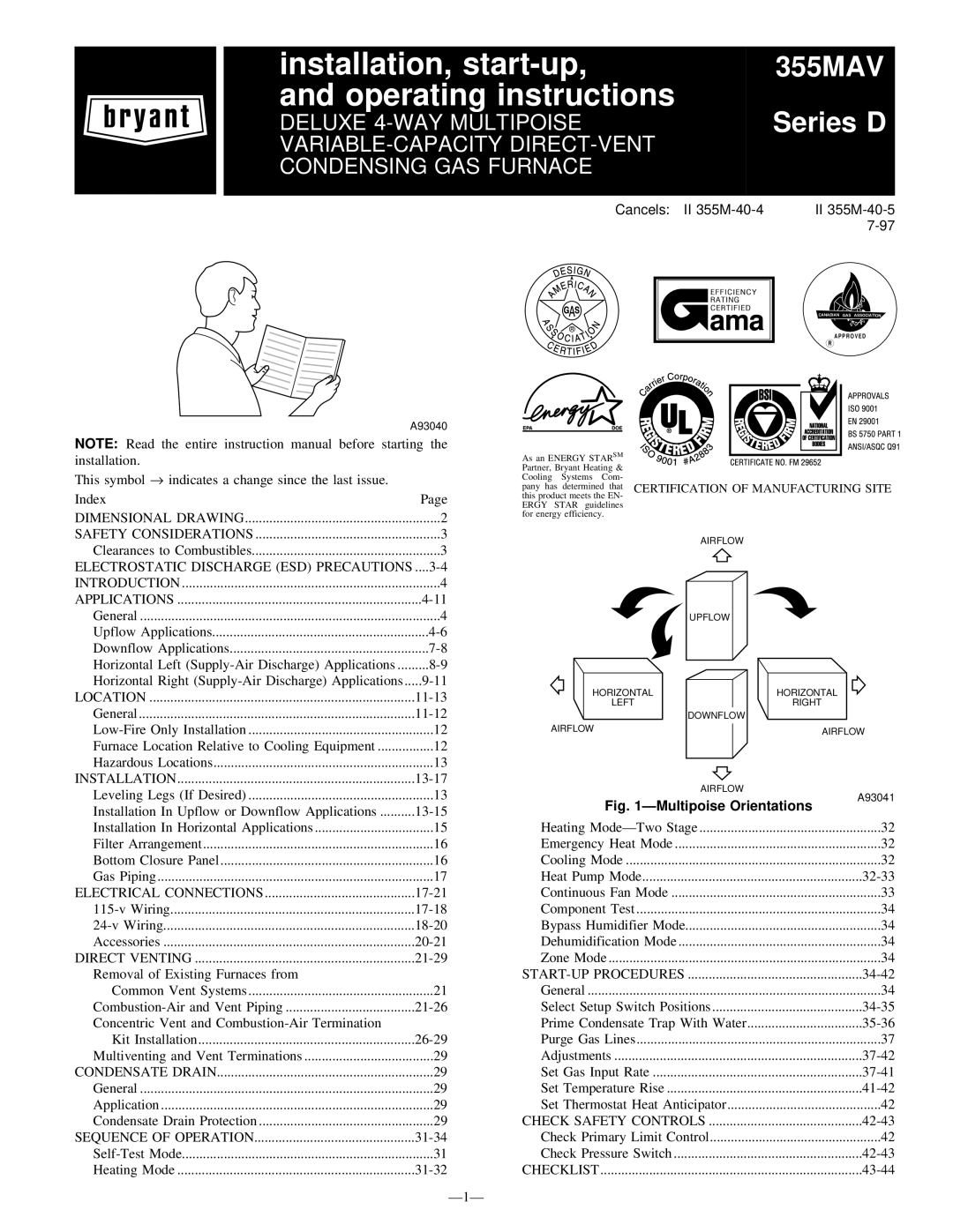 Bryant 355M-40-5, 355M-40-4 operating instructions Ð1Ð, ÐMultipoise Orientations 