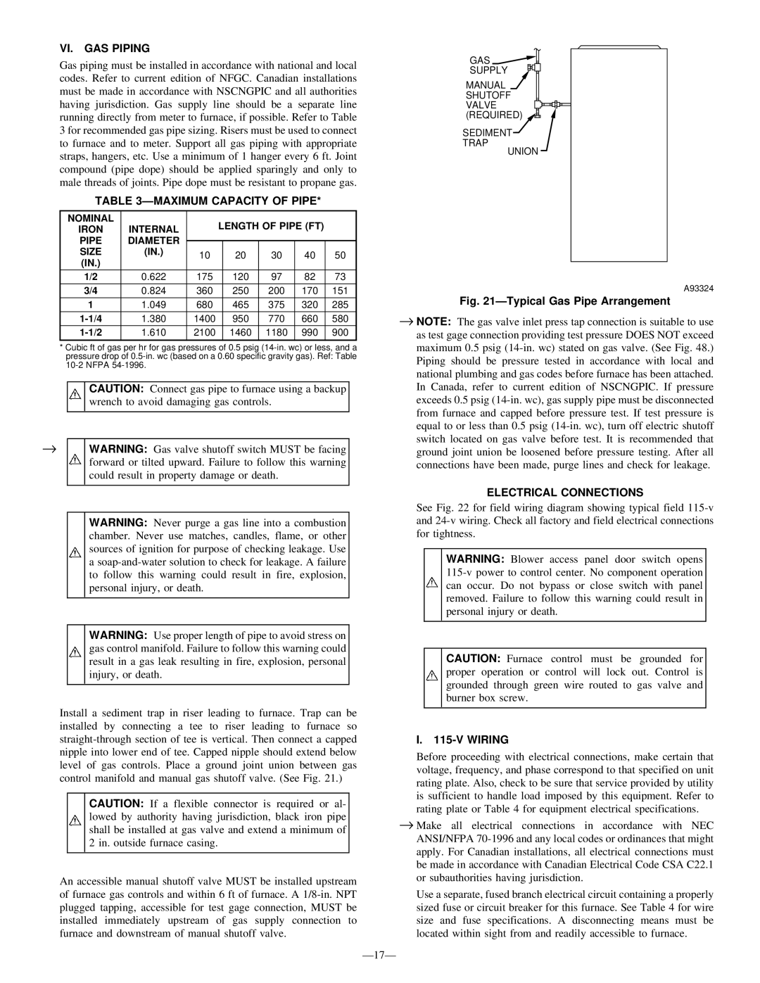 Bryant 355M-40-5, 355M-40-4 operating instructions VI. GAS Piping, Ðmaximum Capacity of Pipe, Electrical Connections, Wiring 