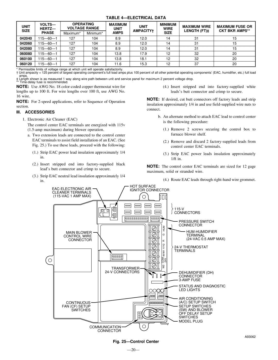 Bryant 355M-40-4, 355M-40-5 operating instructions Ðelectrical Data, III. Accessories, Amps Size 