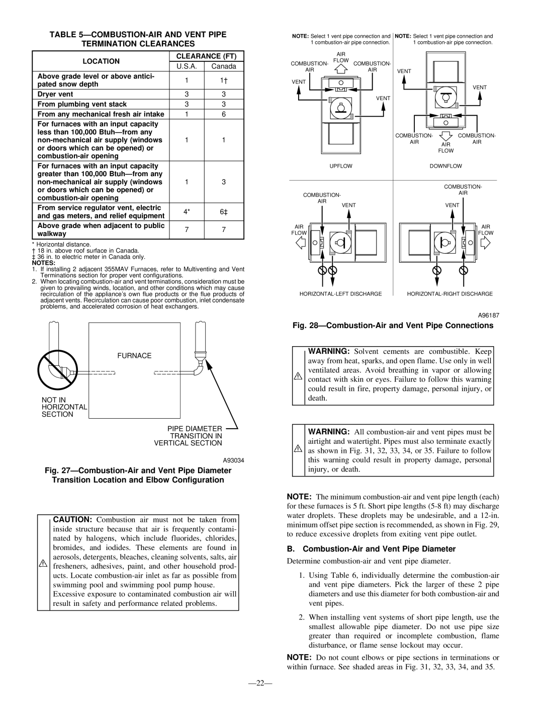 Bryant 355M-40-4 ÐCOMBUSTION-AIR and Vent Pipe Termination Clearances, Combustion-Air and Vent Pipe Diameter, Walkway 