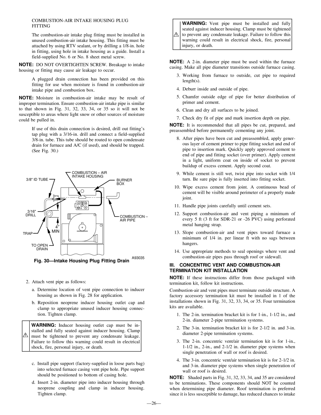 Bryant 355M-40-4, 355M-40-5 COMBUSTION-AIR Intake Housing Plug Fitting, III. Concentric Vent and COMBUSTION-AIR 