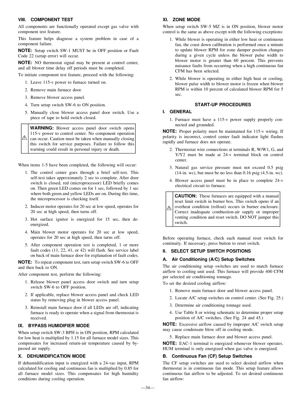 Bryant 355M-40-4, 355M-40-5 VIII. Component Test, IX. Bypass Humidifier Mode, Dehumidification Mode, XI. Zone Mode 