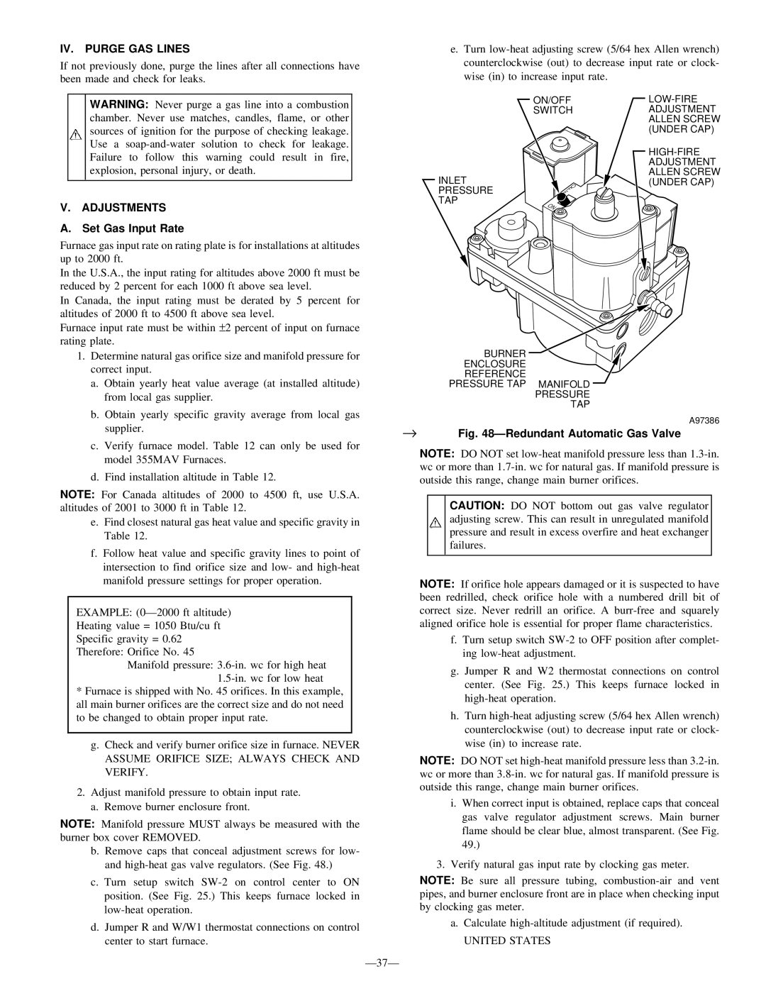 Bryant 355M-40-5 IV. Purge GAS Lines, Adjustments, Set Gas Input Rate, → ÐRedundant Automatic Gas Valve, United States 