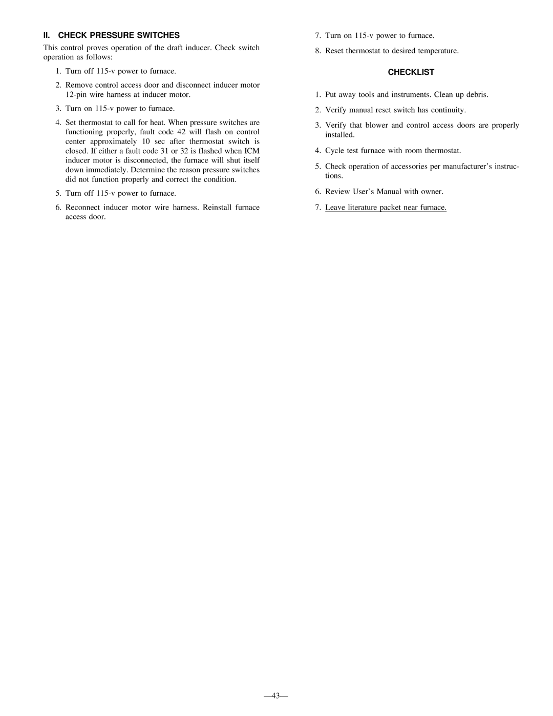 Bryant 355M-40-5, 355M-40-4 operating instructions II. Check Pressure Switches, Checklist 