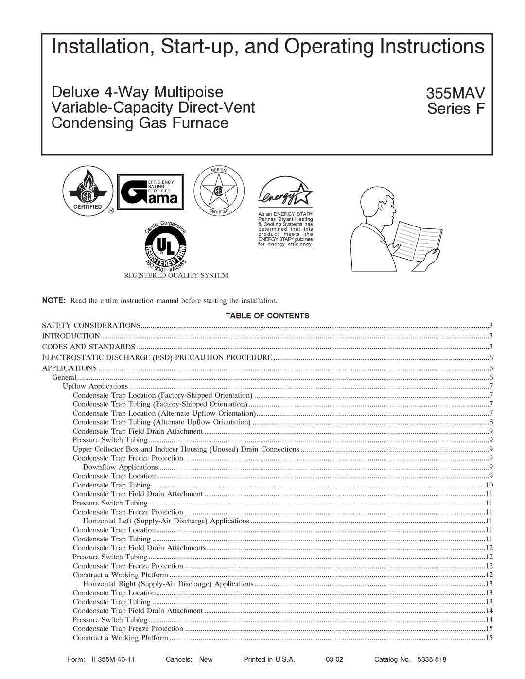 Bryant 355MAV instruction manual Installation, Start-up, and Operating Instructions, Table of Contents 