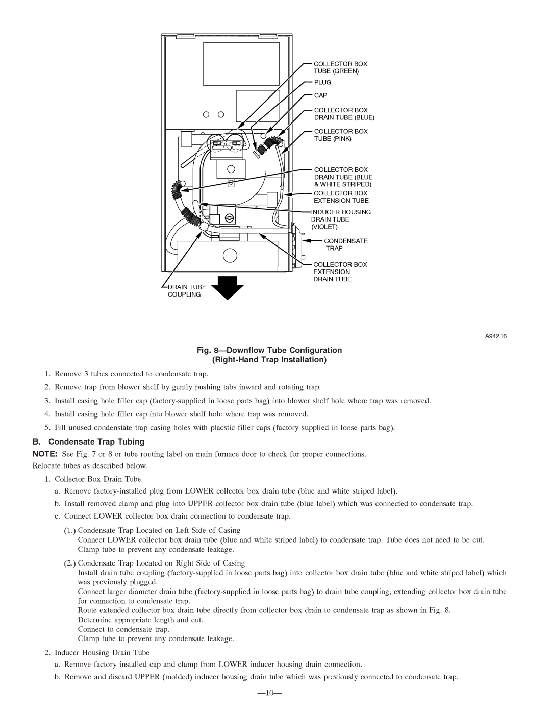 Bryant 355MAV instruction manual Downflow Tube Configuration Right-Hand Trap Installation, Condensate Trap Tubing 