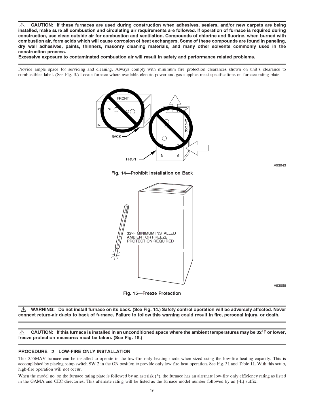 Bryant 355MAV instruction manual Prohibit Installation on Back, Procedure 2-LOW-FIRE only Installation 