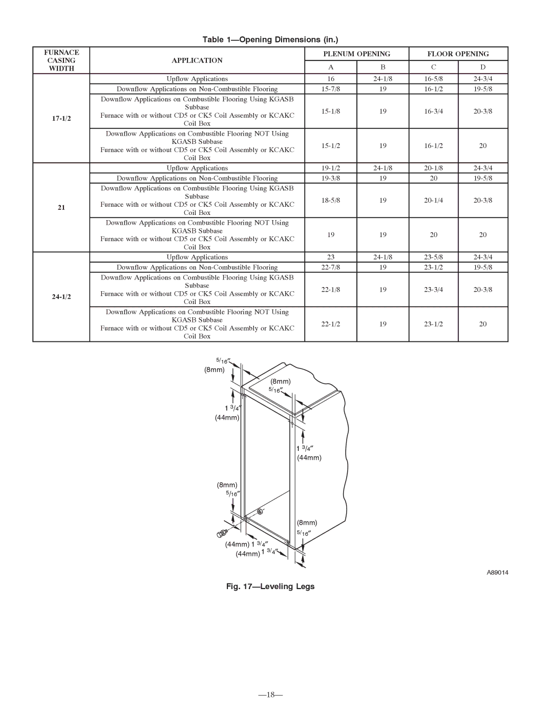 Bryant 355MAV instruction manual Opening Dimensions, Furnace Plenum Opening Floor Opening 