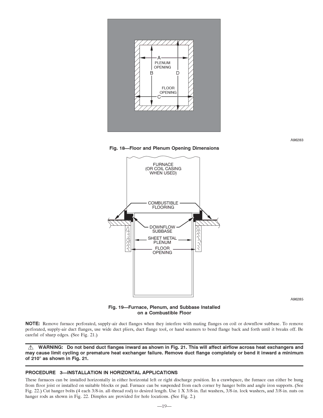 Bryant 355MAV instruction manual Floor and Plenum Opening Dimensions, Procedure 3-INSTALLATION in Horizontal Applications 