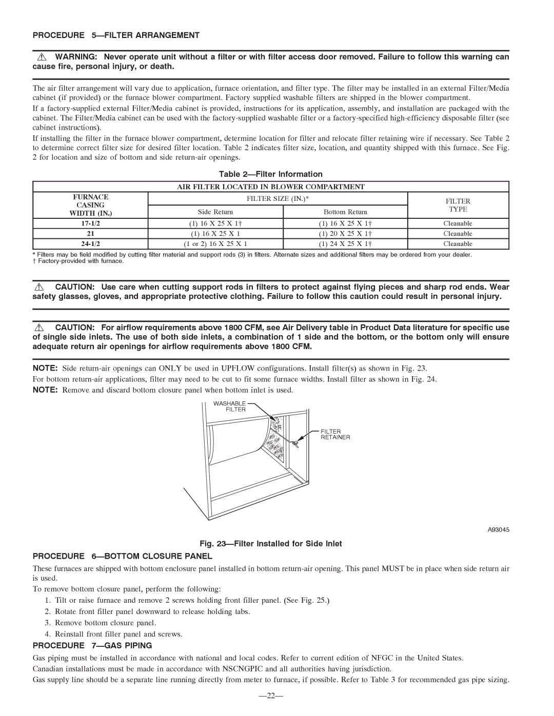 Bryant 355MAV Procedure 5-FILTER Arrangement, Filter Information, Procedure 6-BOTTOM Closure Panel, Procedure 7-GAS Piping 