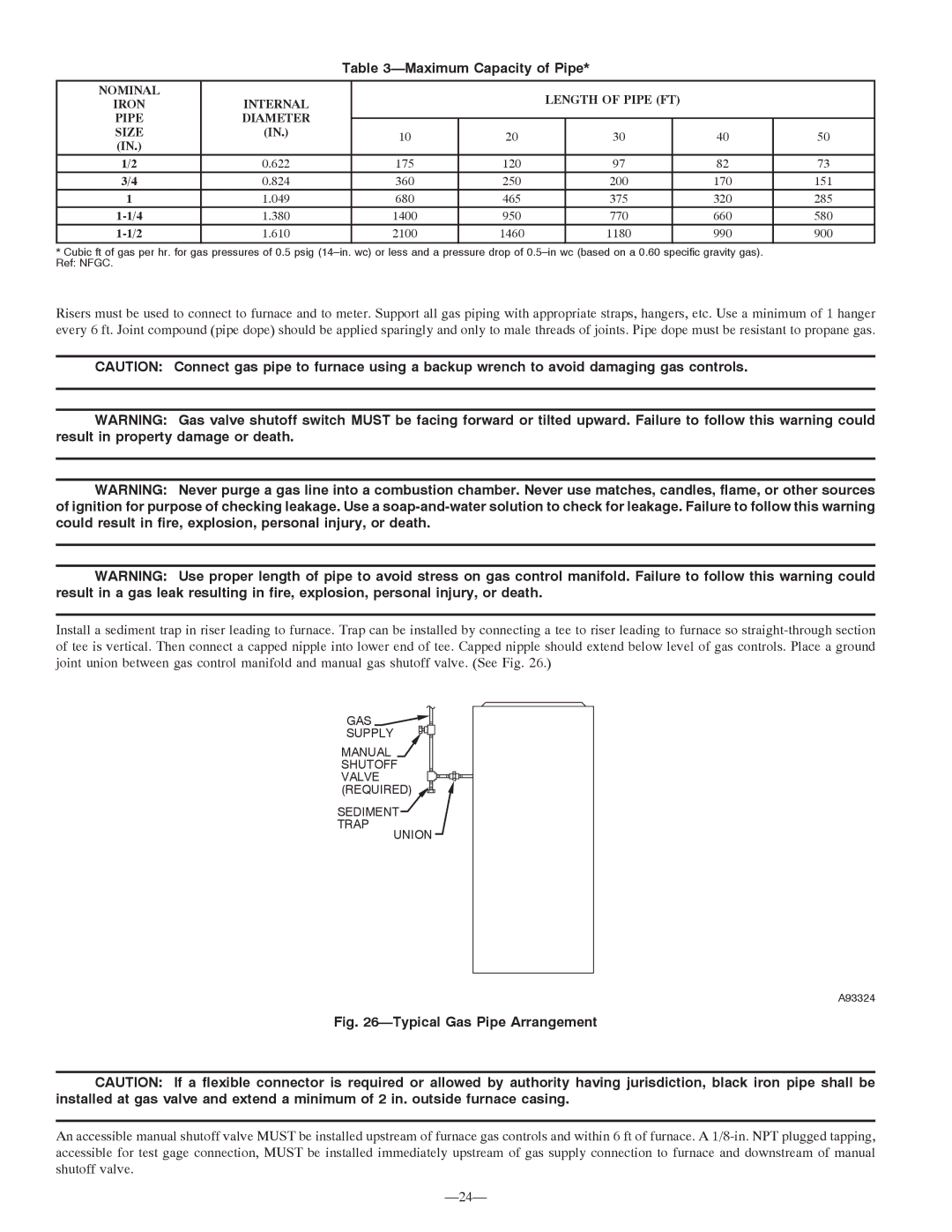 Bryant 355MAV instruction manual Maximum Capacity of Pipe, Nominal Length of Pipe FT, Internal Pipe Diameter Size 