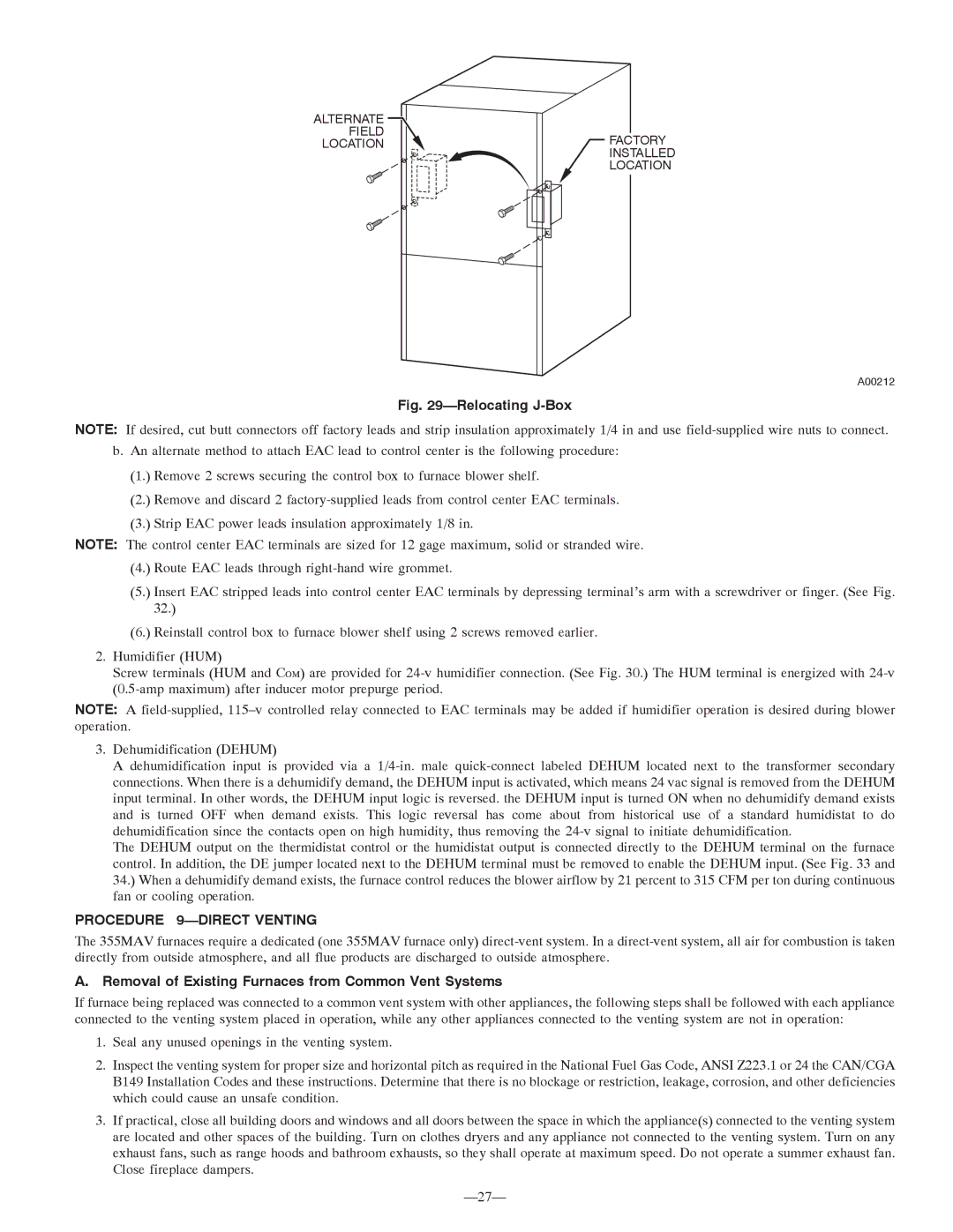 Bryant 355MAV instruction manual Procedure 9-DIRECT Venting, Removal of Existing Furnaces from Common Vent Systems 