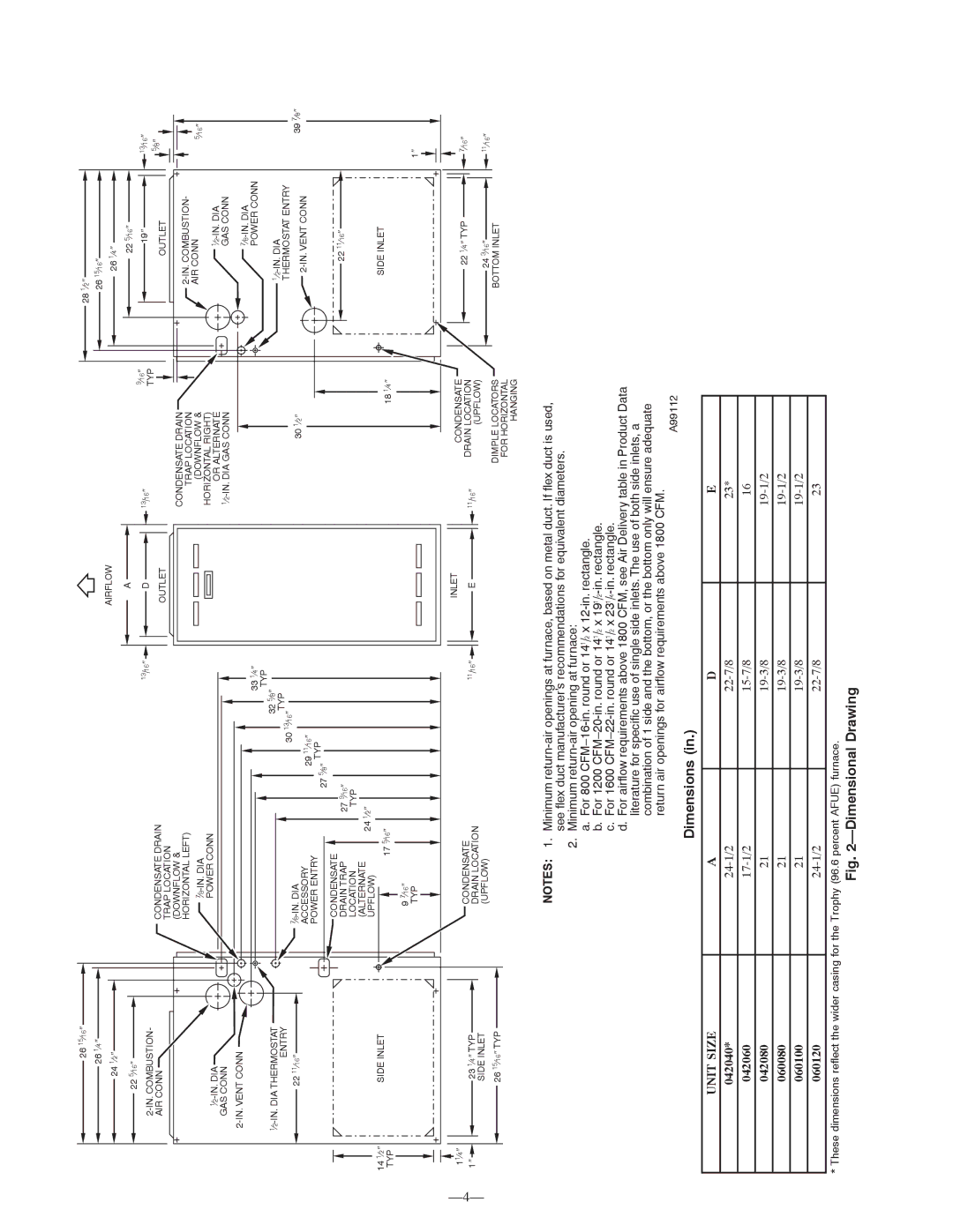 Bryant 355MAV instruction manual Dimensions, Unit Size 