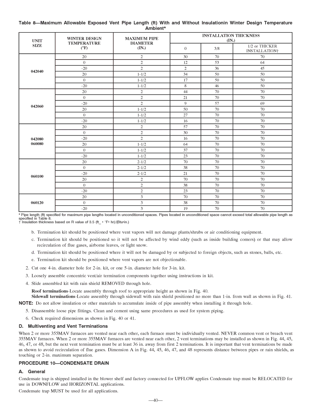 Bryant 355MAV instruction manual Multiventing and Vent Terminations, Procedure 10-CONDENSATE Drain, General 