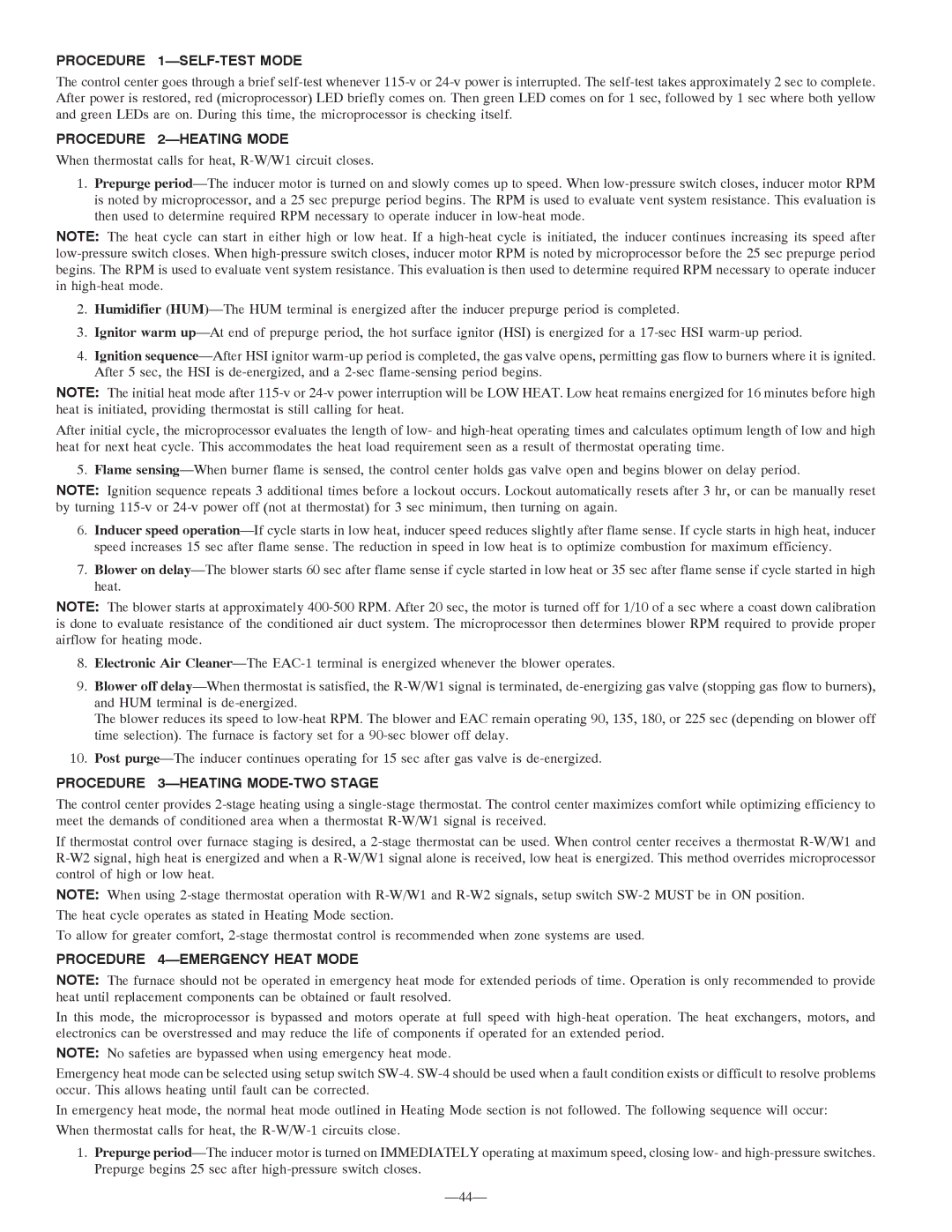 Bryant 355MAV instruction manual Procedure 1-SELF-TEST Mode, Procedure 2-HEATING Mode, Procedure 3-HEATING MODE-TWO Stage 