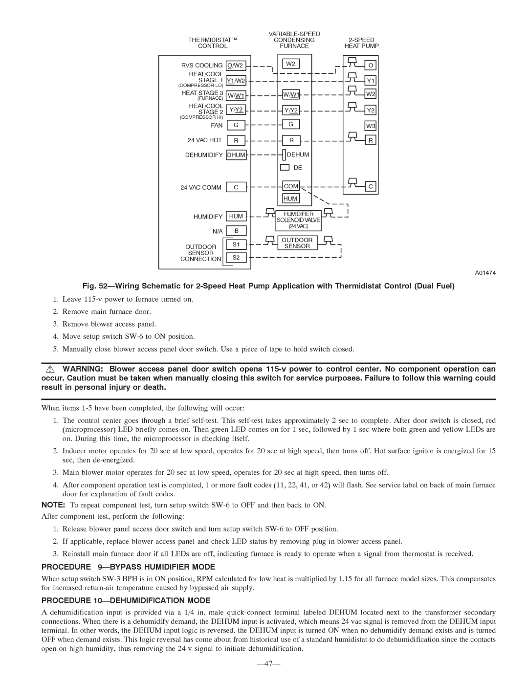 Bryant 355MAV instruction manual Procedure 9-BYPASS Humidifier Mode, Procedure 10-DEHUMIDIFICATION Mode 