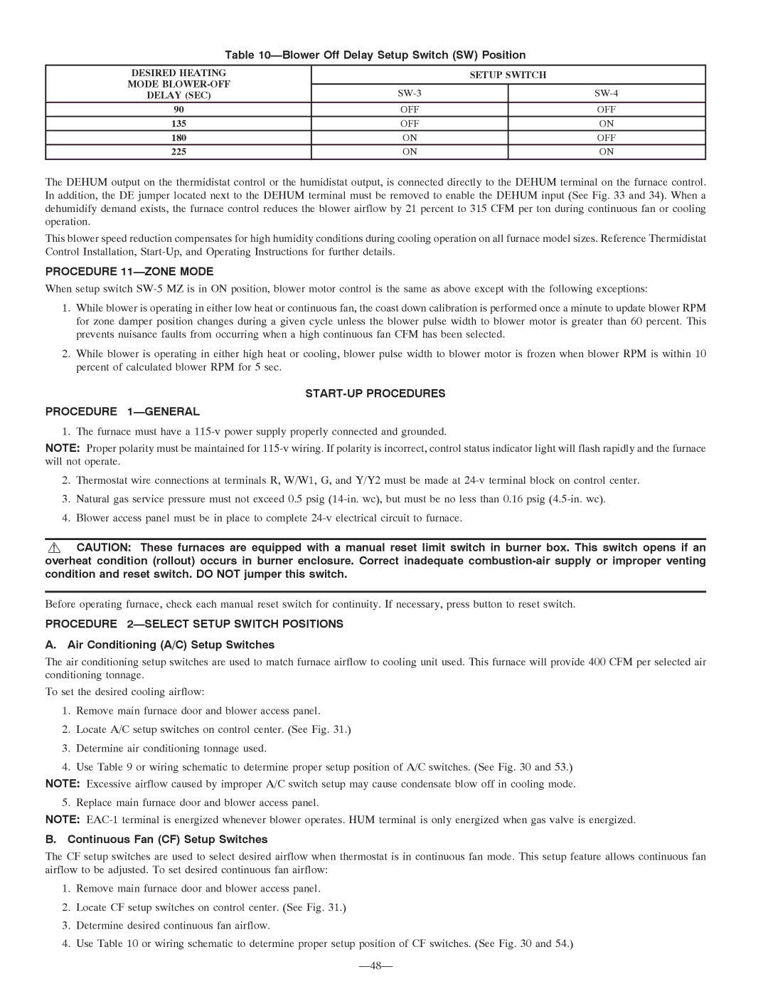 Bryant 355MAV Procedure 11-ZONE Mode, START-UP Procedures Procedure 1-GENERAL, Procedure 2-SELECT Setup Switch Positions 