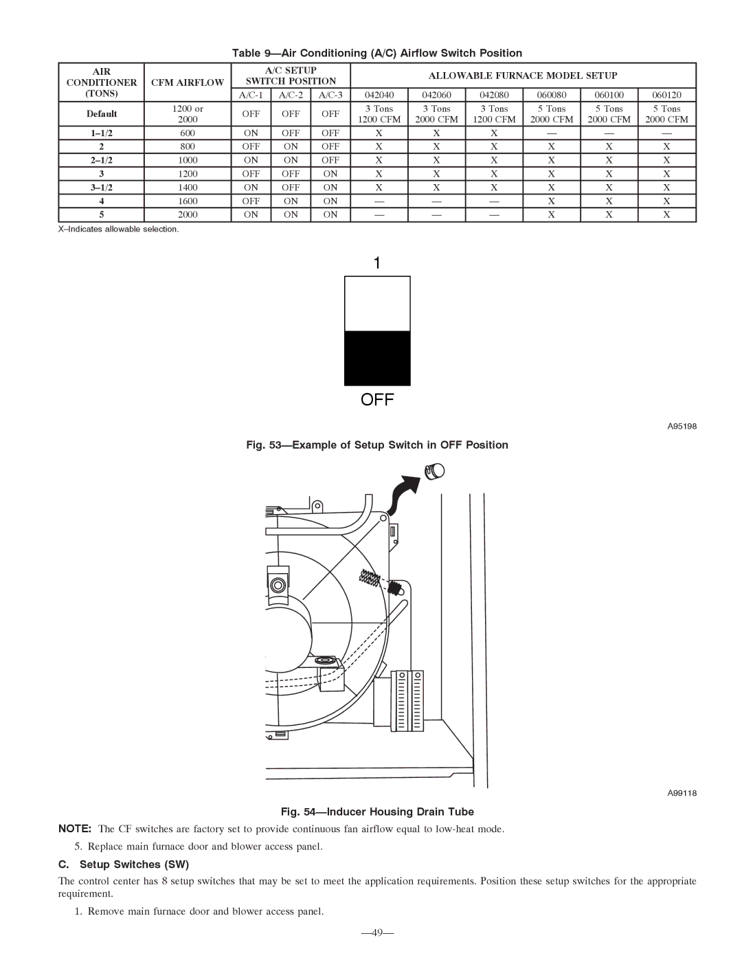 Bryant 355MAV Air Conditioning A/C Airflow Switch Position, Setup Switches SW, AIR Setup Allowable Furnace Model Setup 