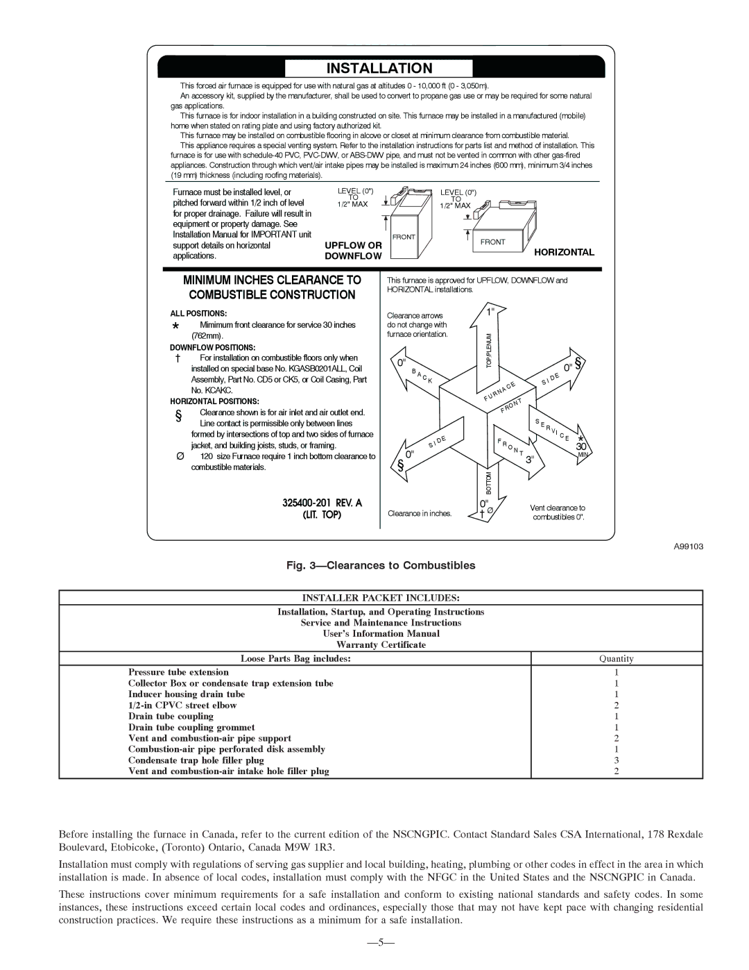 Bryant 355MAV instruction manual Clearances to Combustibles, Installer Packet Includes 