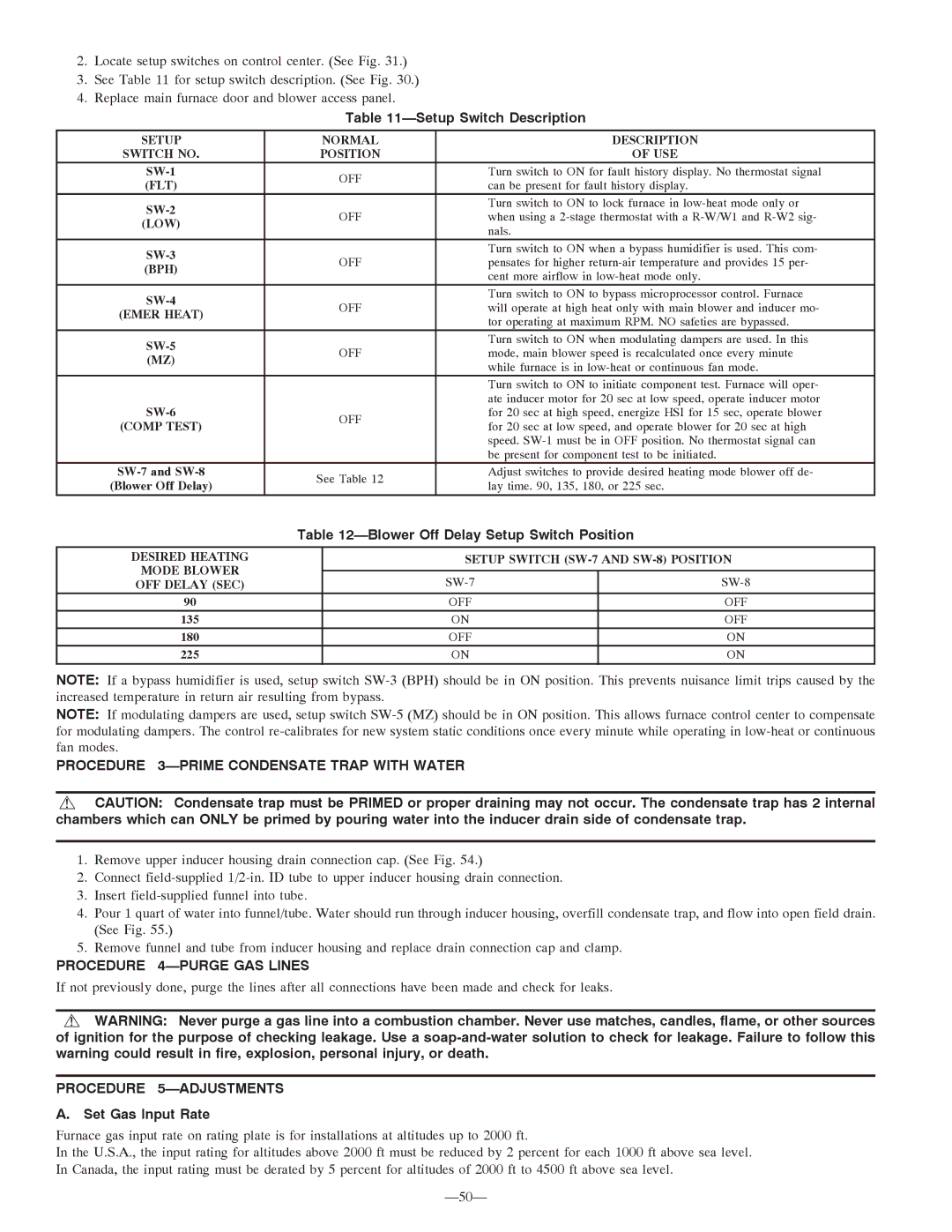 Bryant 355MAV Procedure 3-PRIME Condensate Trap with Water, Procedure 4-PURGE GAS Lines, Procedure 5-ADJUSTMENTS 