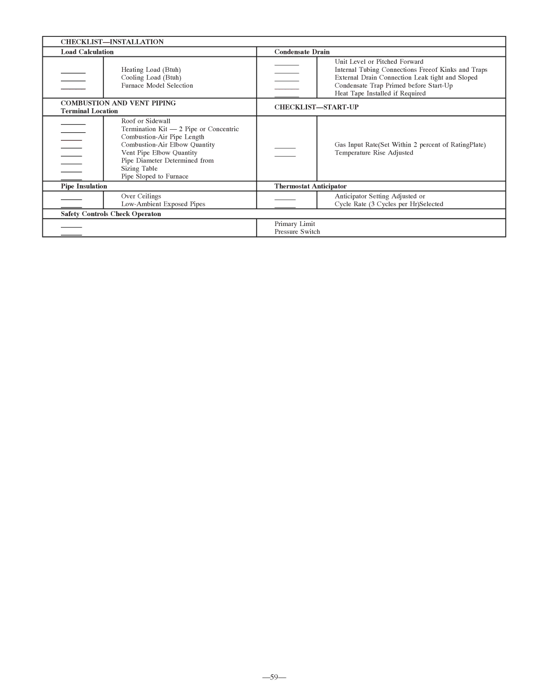 Bryant 355MAV instruction manual Checklist-Installation, Combustion and Vent Piping CHECKLIST-START-UP 