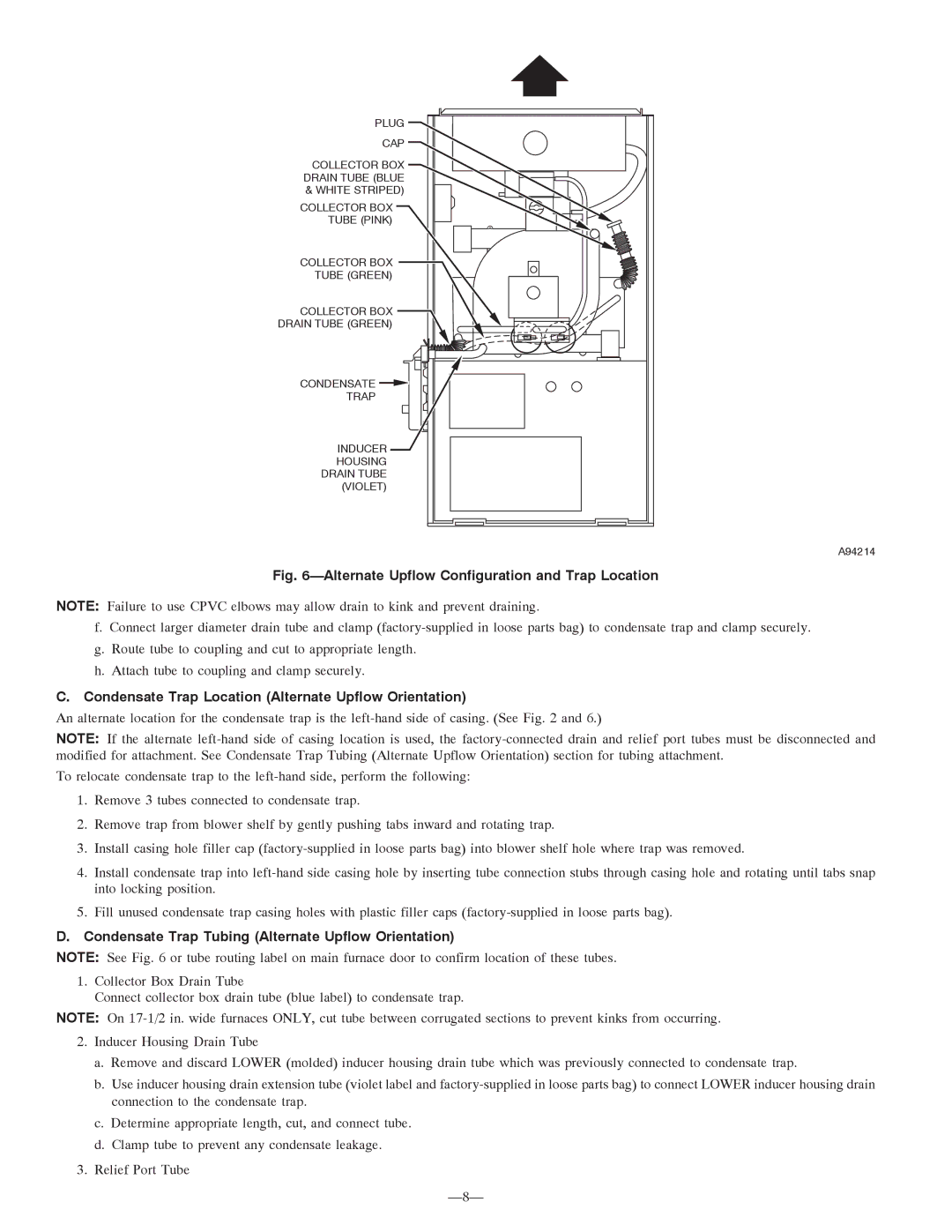 Bryant 355MAV Condensate Trap Location Alternate Upflow Orientation, Condensate Trap Tubing Alternate Upflow Orientation 