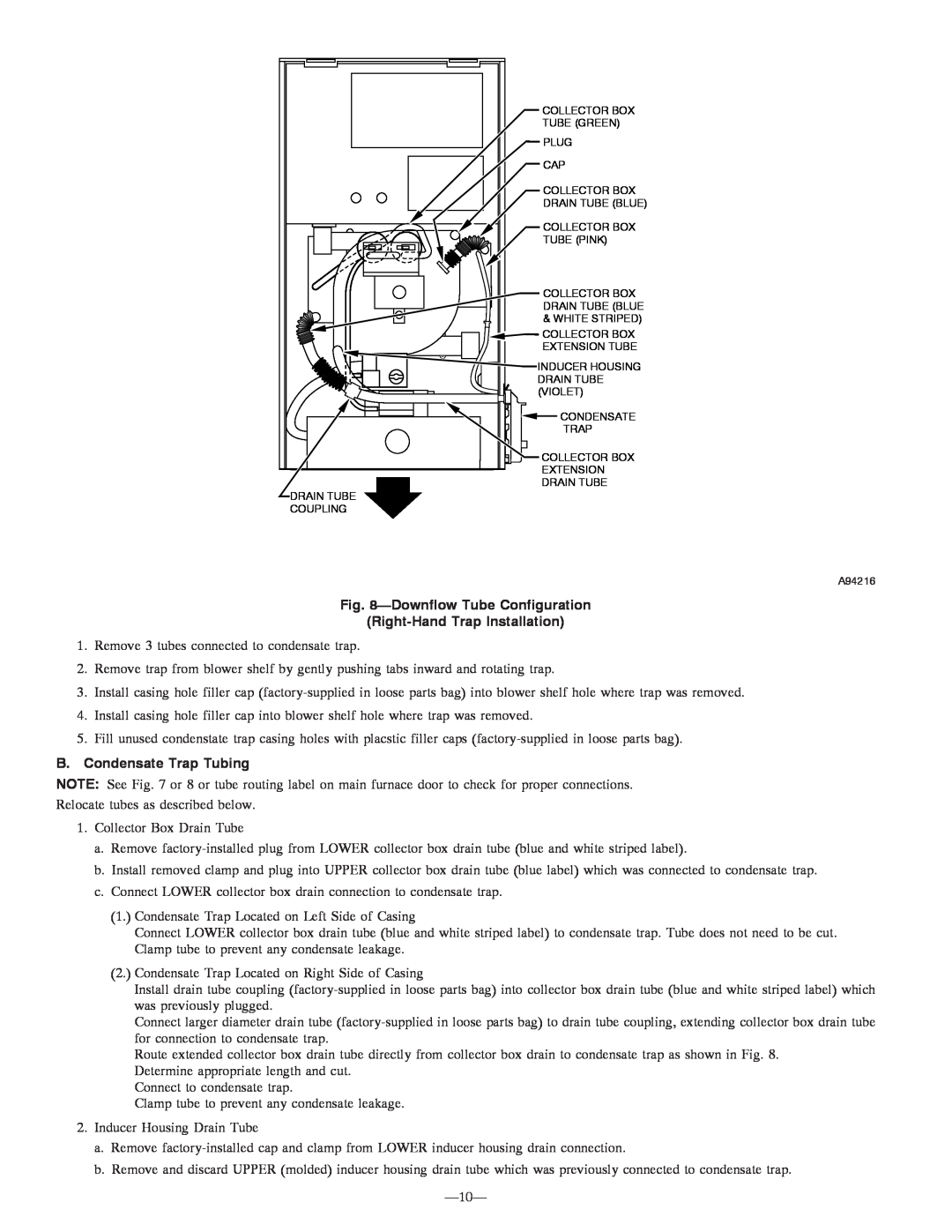 Bryant 355MAV instruction manual DownflowTube Configuration, Right-HandTrap Installation, B. Condensate Trap Tubing 
