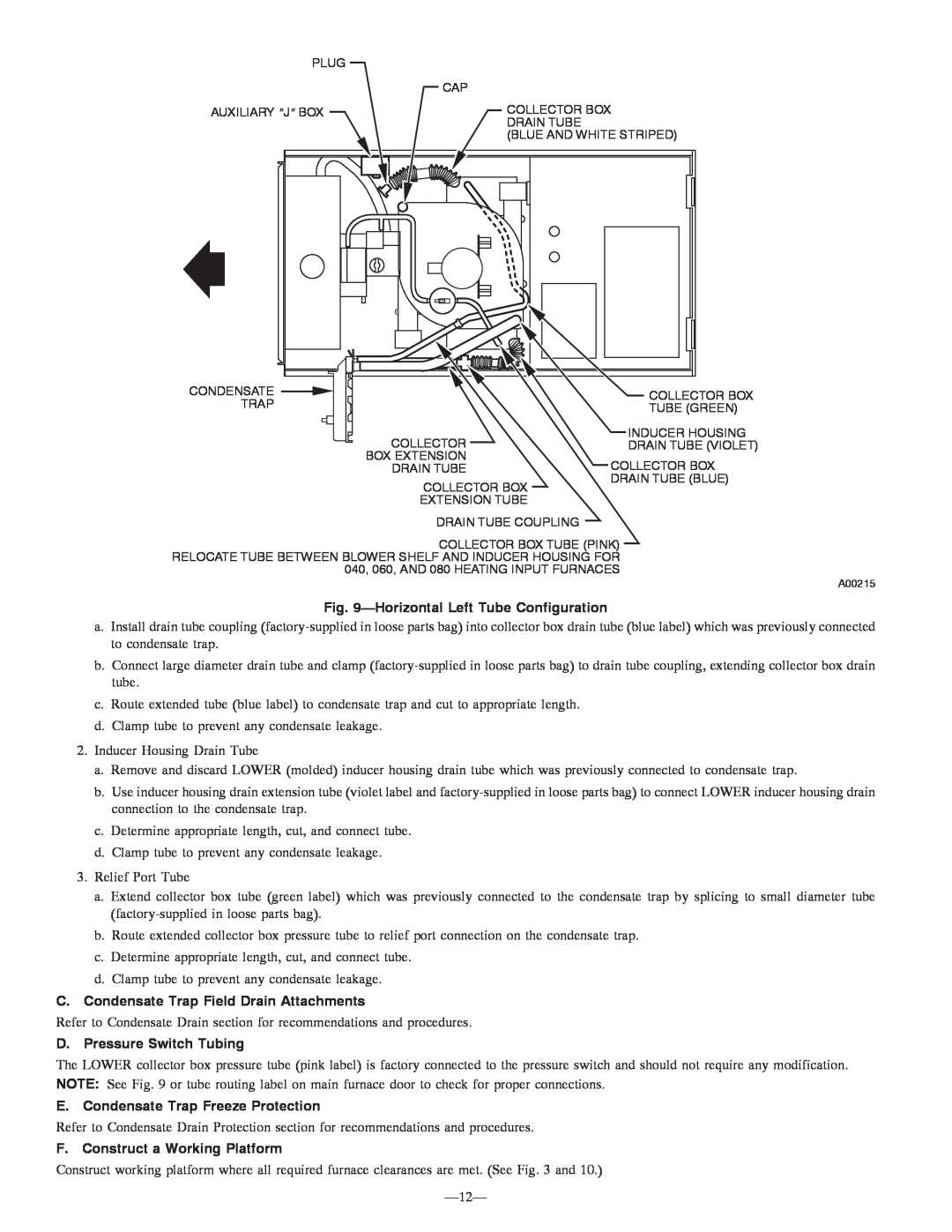 Bryant 355MAV HorizontalLeft Tube Configuration, C. Condensate Trap Field Drain Attachments, D. Pressure Switch Tubing 