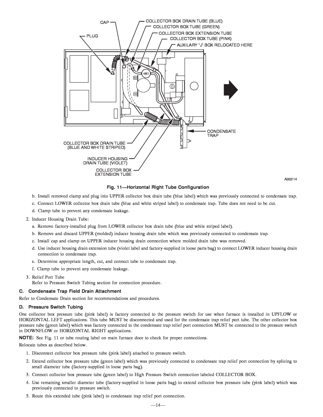 Bryant 355MAV HorizontalRight Tube Configuration, C. Condensate Trap Field Drain Attachment, D. Pressure Switch Tubing 
