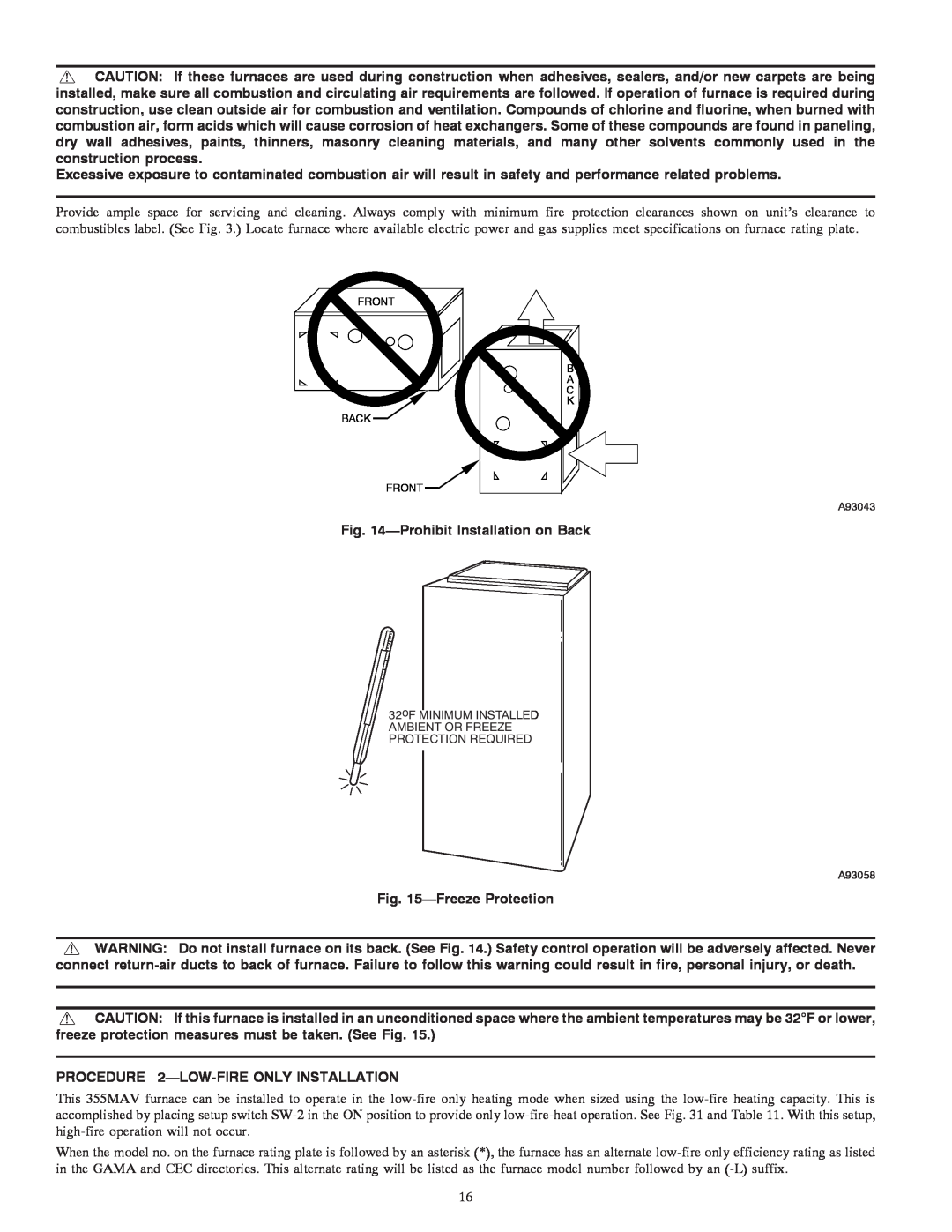 Bryant 355MAV instruction manual ProhibitInstallation on Back, FreezeProtection, PROCEDURE 2-LOW-FIREONLY INSTALLATION 