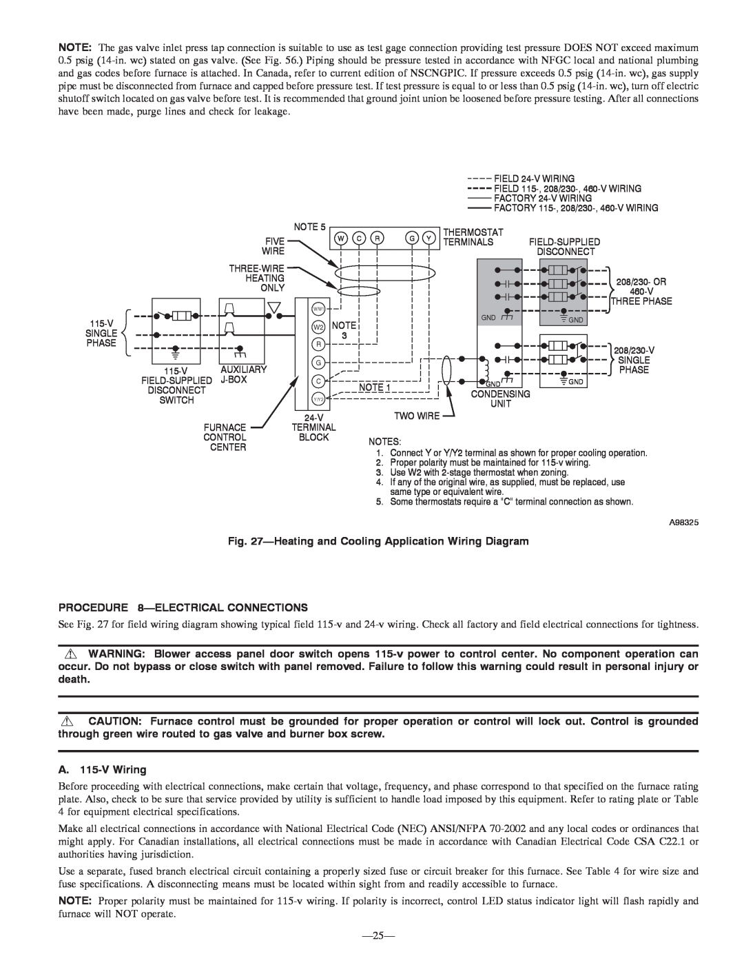 Bryant 355MAV instruction manual PROCEDURE 8-ELECTRICALCONNECTIONS, A. 115-VWiring 