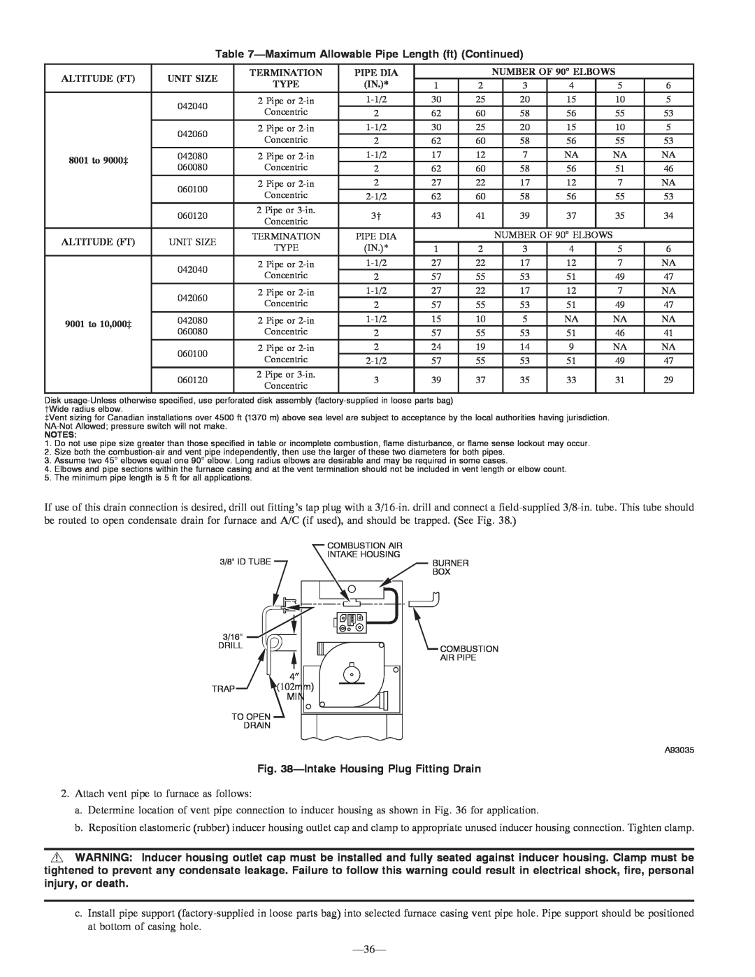 Bryant 355MAV instruction manual IntakeHousing Plug Fitting Drain, MaximumAllowable Pipe Length ft Continued 