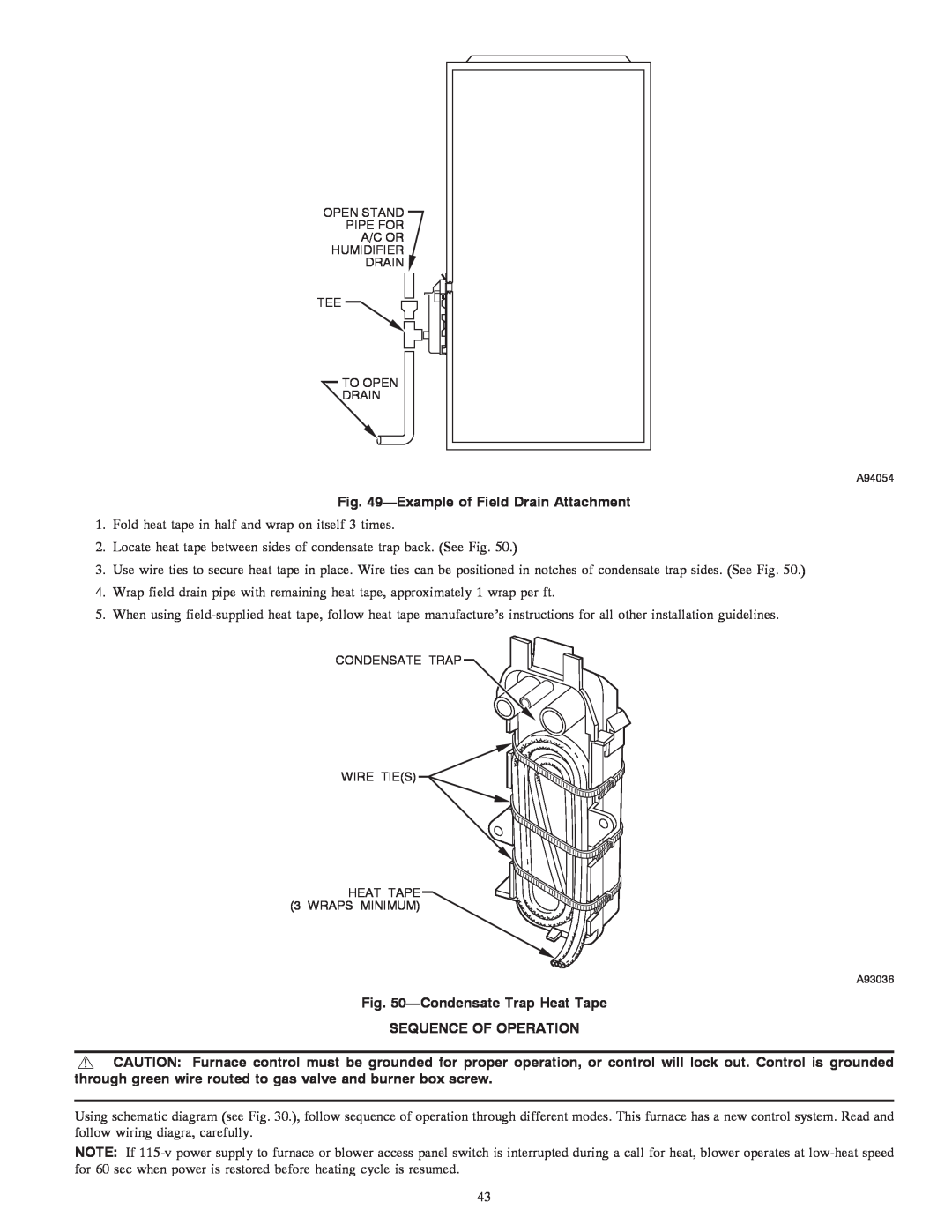 Bryant 355MAV instruction manual Exampleof Field Drain Attachment, CondensateTrap Heat Tape, Sequence Of Operation 