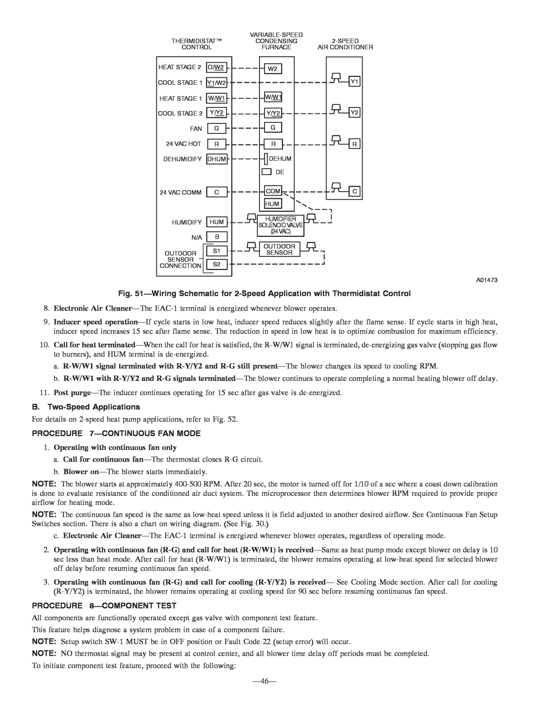 Bryant 355MAV instruction manual B. Two-SpeedApplications, PROCEDURE 7-CONTINUOUSFAN MODE, PROCEDURE 8-COMPONENTTEST 
