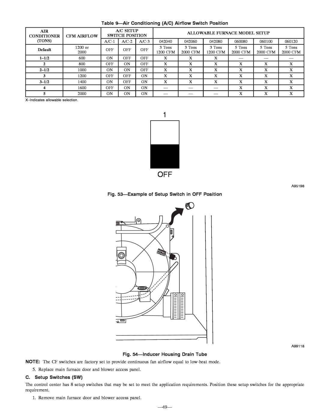 Bryant 355MAV Exampleof Setup Switch in OFF Position, InducerHousing Drain Tube, C. Setup Switches SW, 1 OFF 