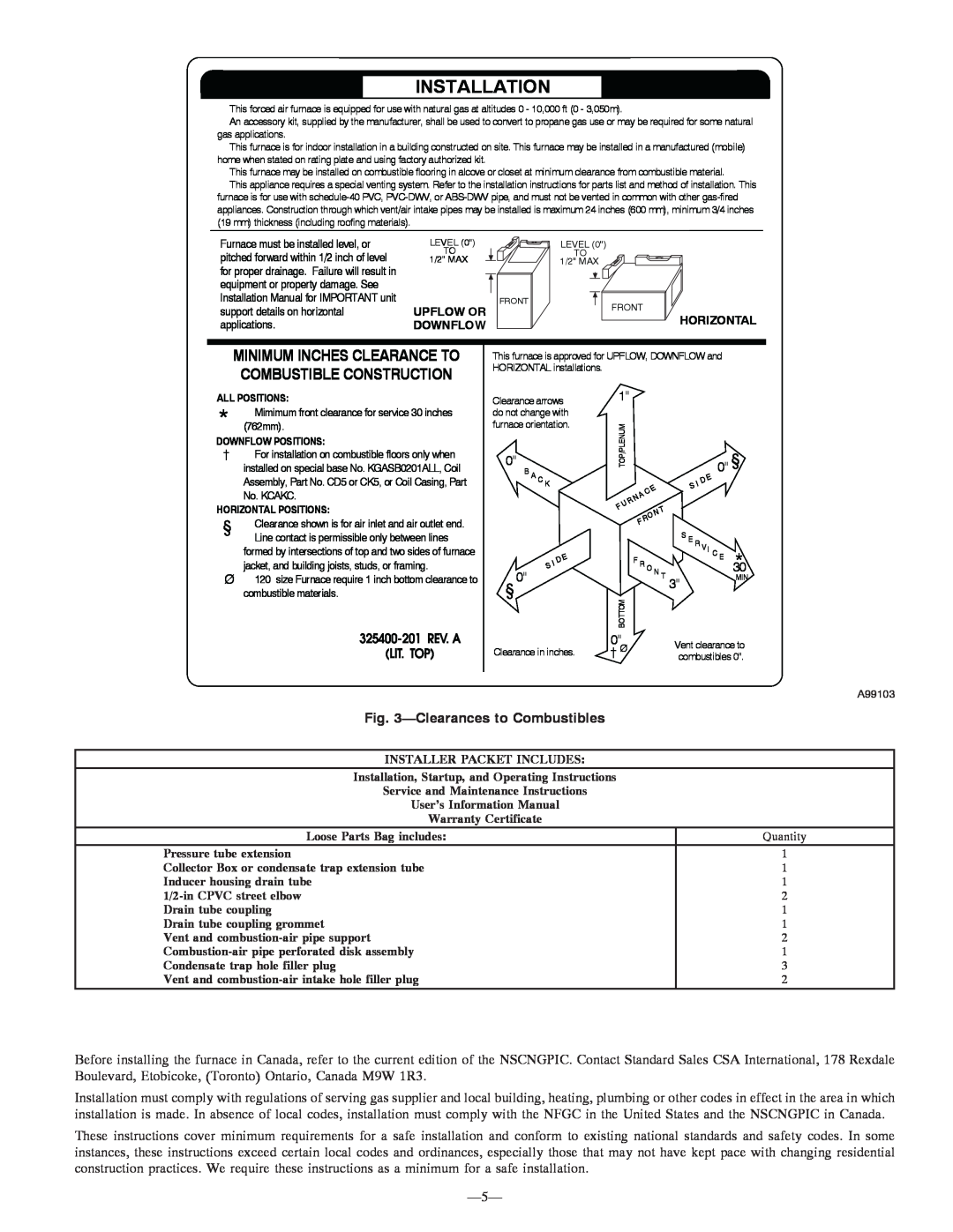 Bryant 355MAV instruction manual Clearancesto Combustibles, Installation 
