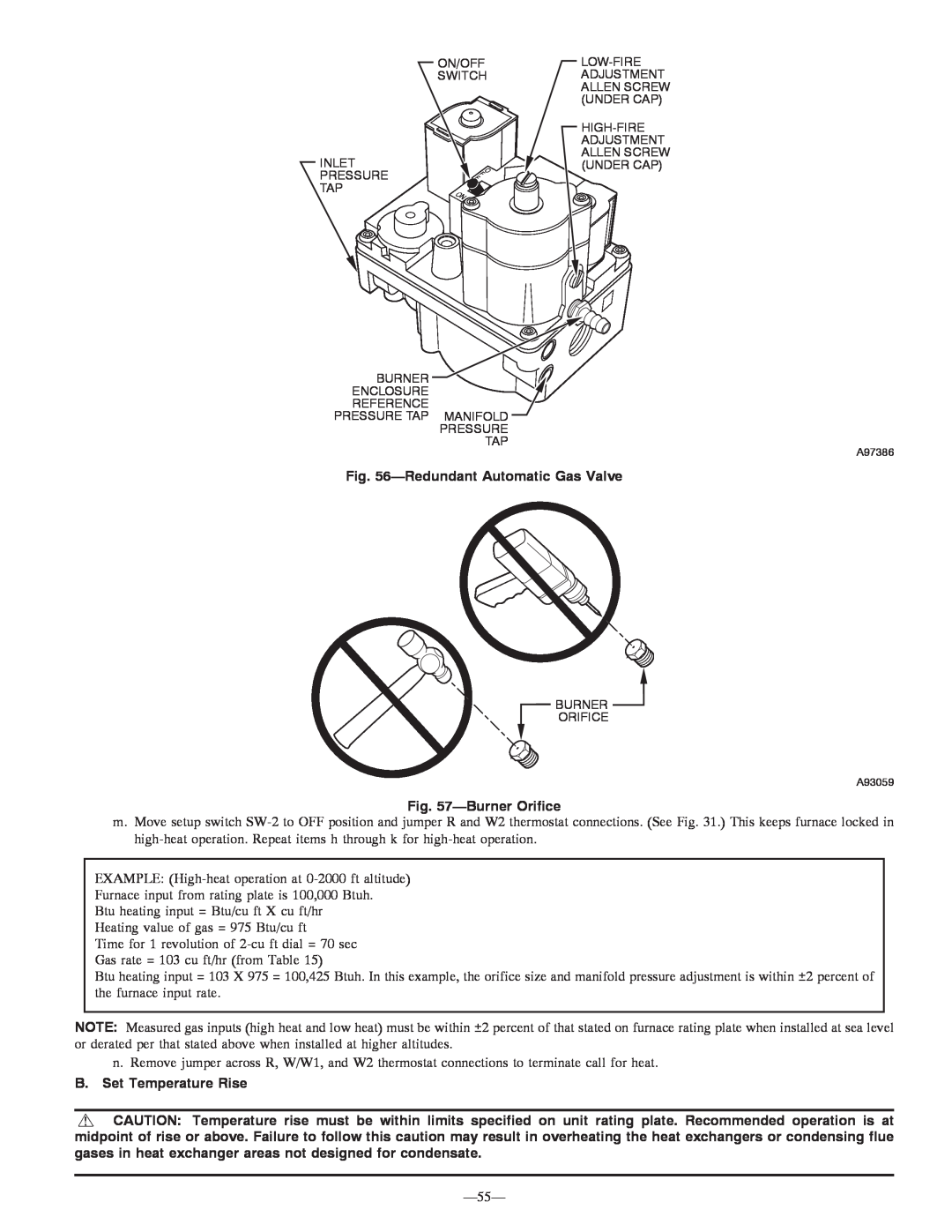 Bryant 355MAV instruction manual RedundantAutomatic Gas Valve, BurnerOrifice, B. Set Temperature Rise 