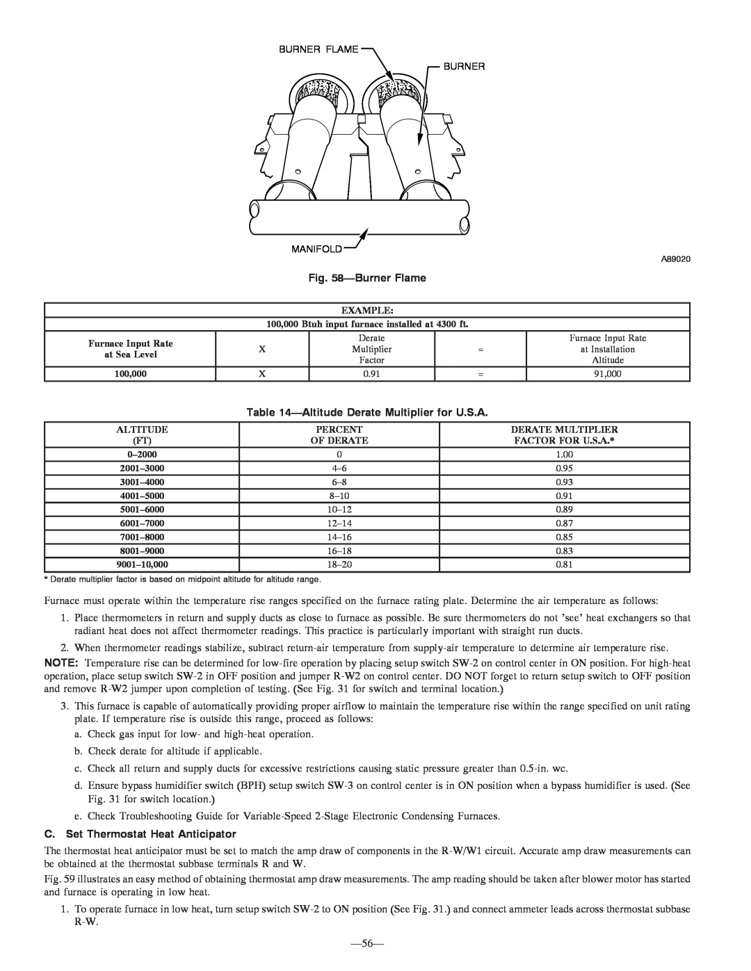 Bryant 355MAV instruction manual BurnerFlame, AltitudeDerate Multiplier for U.S.A, C. Set Thermostat Heat Anticipator 