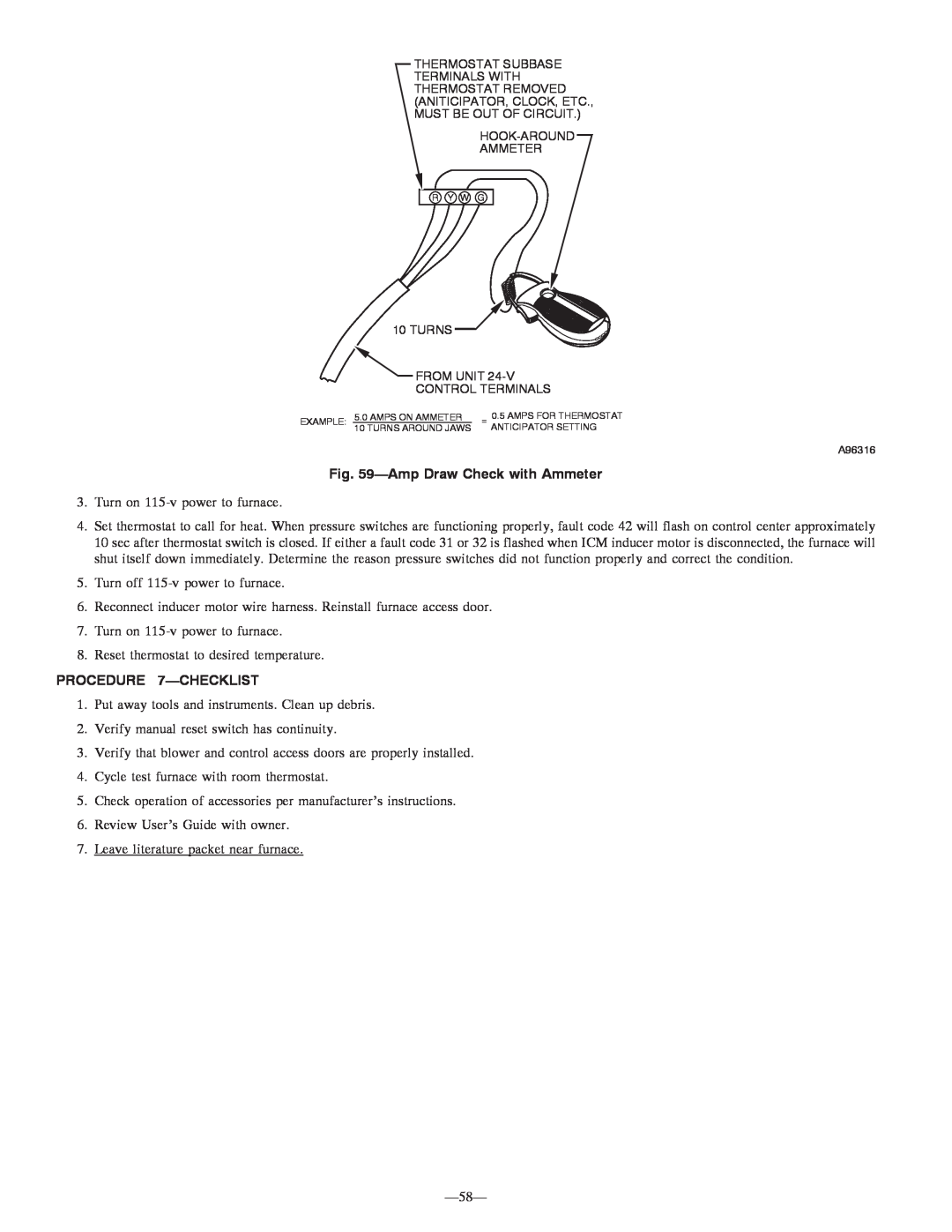 Bryant 355MAV instruction manual AmpDraw Check with Ammeter, PROCEDURE 7-CHECKLIST 