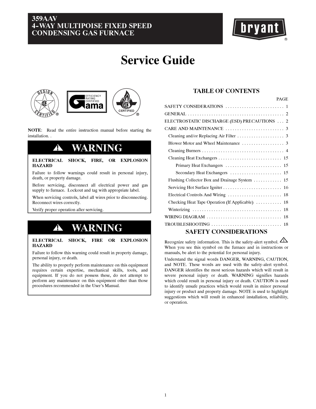 Bryant 359AAV instruction manual Service Guide 