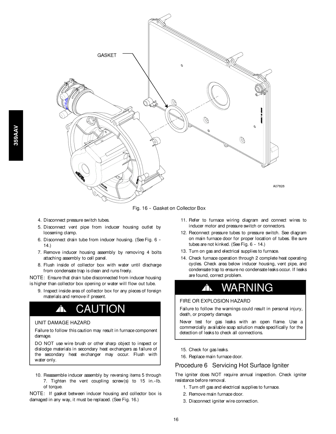 Bryant 359AAV instruction manual Procedure 6 Servicing Hot Surface Igniter, Gasket on Collector Box 