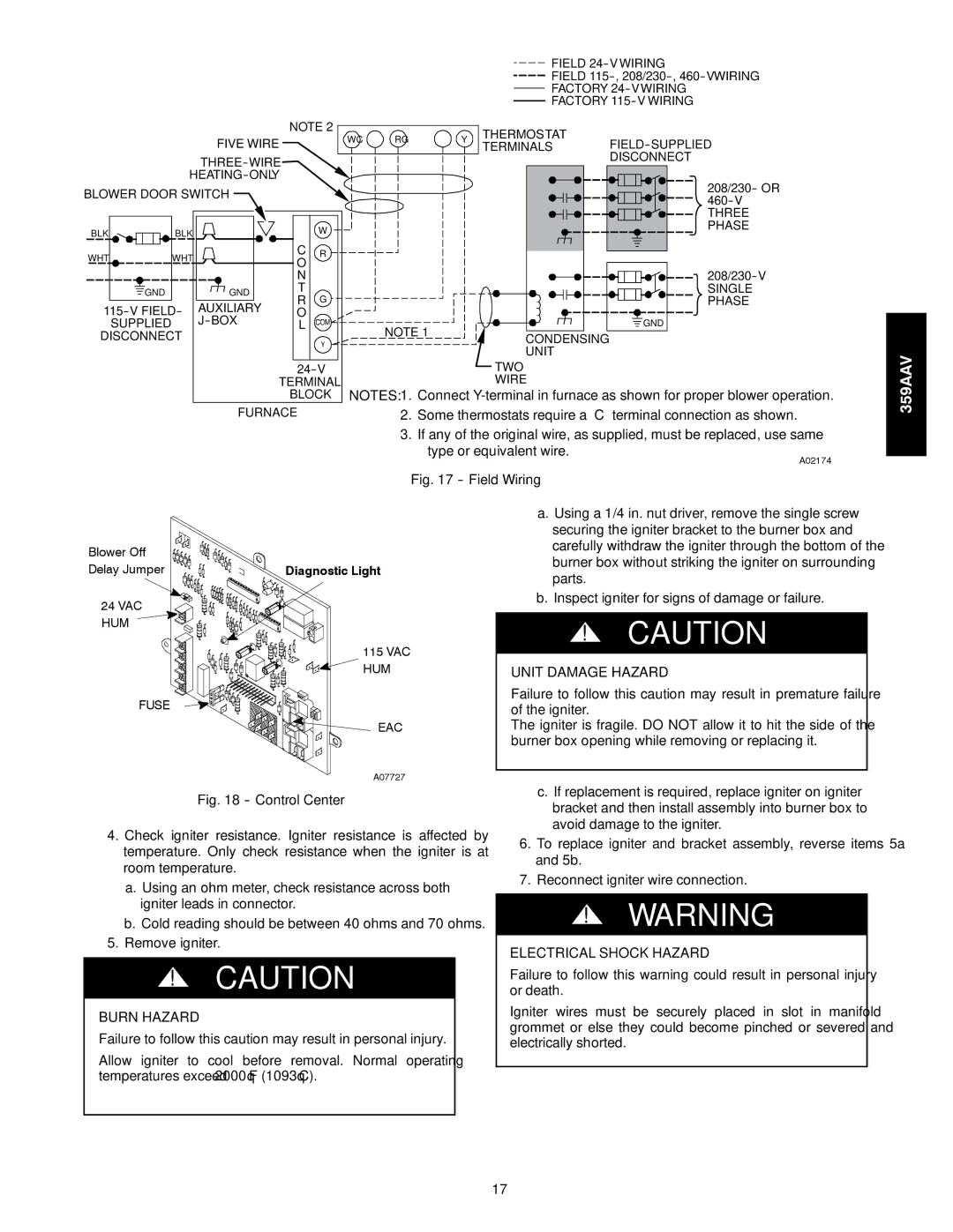 Bryant 359AAV instruction manual Field Wiring, Burn Hazard 