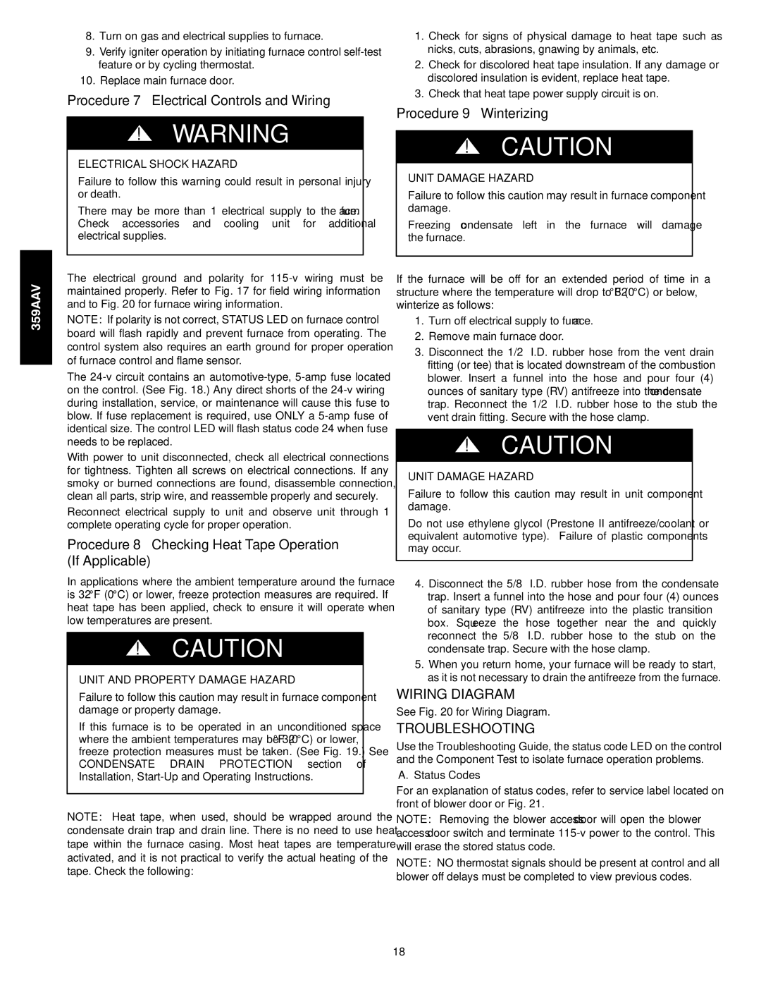 Bryant 359AAV Procedure 7 Electrical Controls and Wiring, Procedure 8 Checking Heat Tape Operation If Applicable 