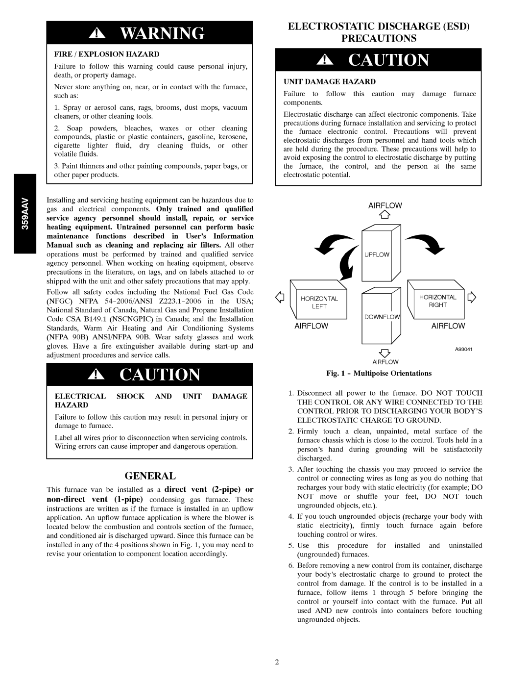 Bryant 359AAV instruction manual Fire / Explosion Hazard, Electrical Shock and Unit Damage Hazard 