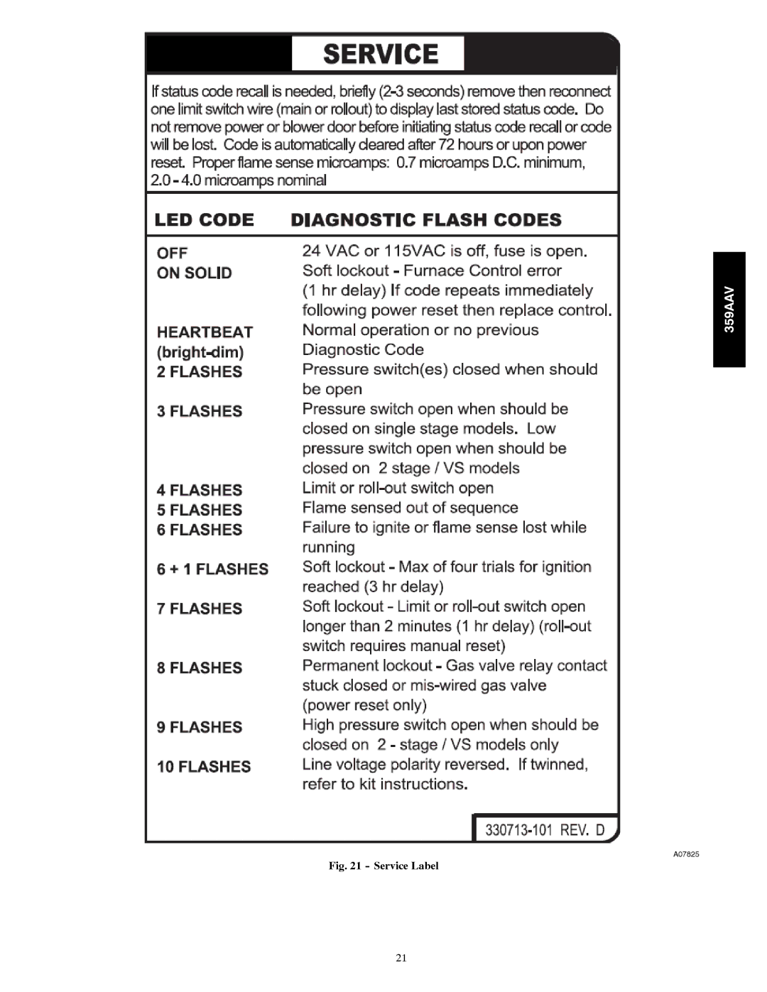 Bryant 359AAV instruction manual Service Label 