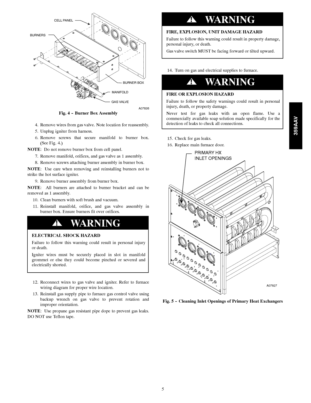 Bryant 359AAV instruction manual FIRE, EXPLOSION, Unit Damage Hazard, Fire or Explosion Hazard 