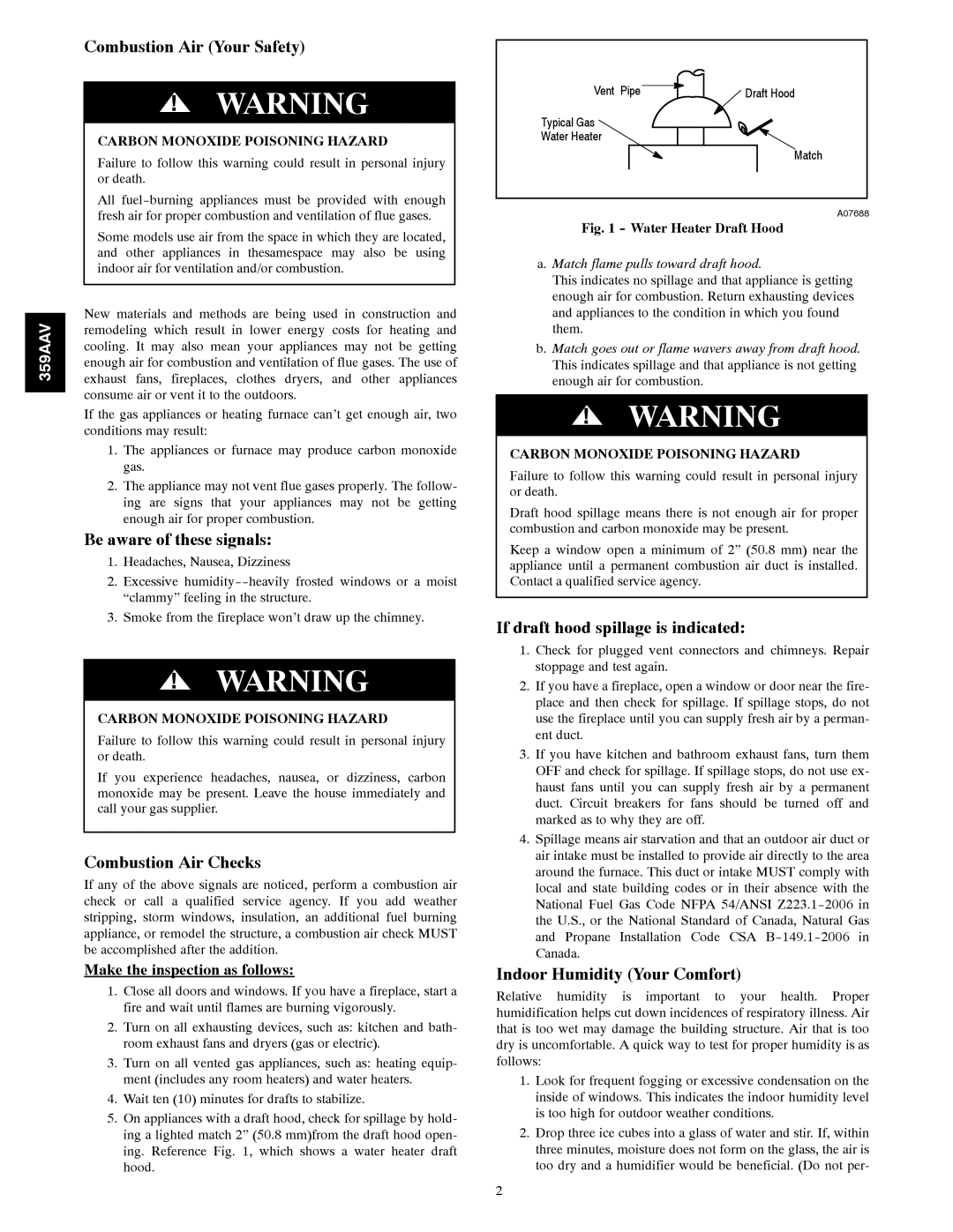 Bryant 359AAV Combustion Air Your Safety, Be aware of these signals, Combustion Air Checks, Indoor Humidity Your Comfort 